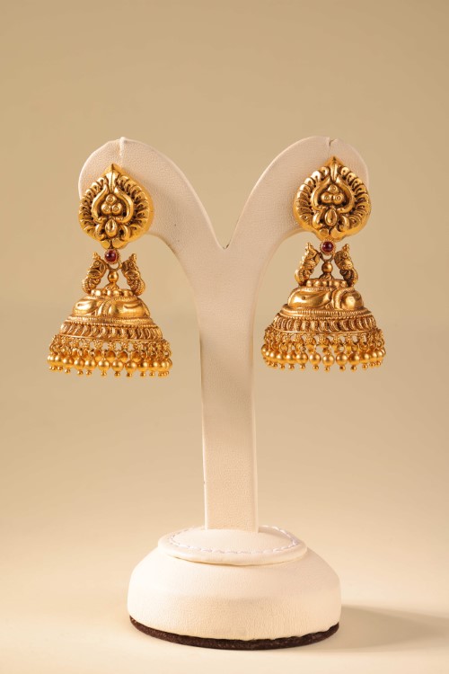 Gold jhumka earrings for daily wear — Thrimurti Jewellers